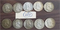 10 US Franklin silver half dollars 1951-1963