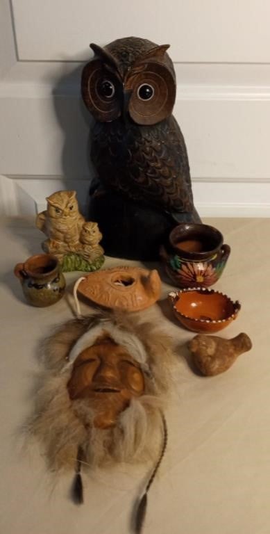 Carved Wooden Eskimo, Pottery, & Owls (ear on