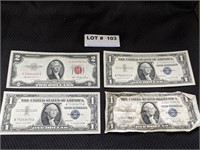 3 Blue Seal $1 Certificates, 1 Red Seal $2
