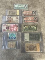 Vintage world currency bills, countries include