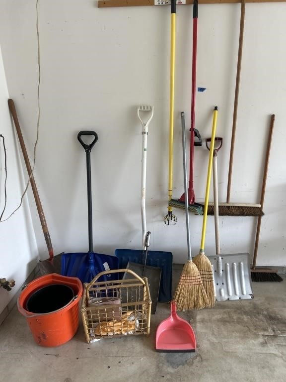 Miscellaneous broom, shovels dust pans, buckets