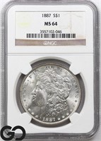 1887 Morgan Silver Dollar, NGC MS64 Guide: 125