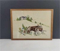 Vintage Creative Circle "Old Wagon" Framed Crewel