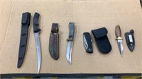 Fillet knife, 3 hunting knives