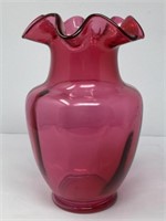 Ruffled Edge Cranberry Glass Vase