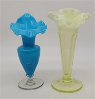 2 Art Glass Vases Blue Opaline Vaseline Opalescent