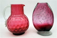 Cranberry Glass Pitcher w Applied Handle, Art Glas