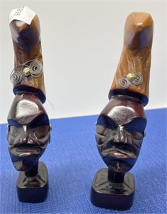 African Wood Carvings 2 Pcs with Decor 8” h