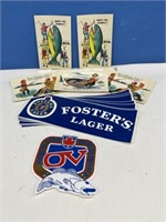 5 Fishing Postcards, OV Decal and Foster's Lager