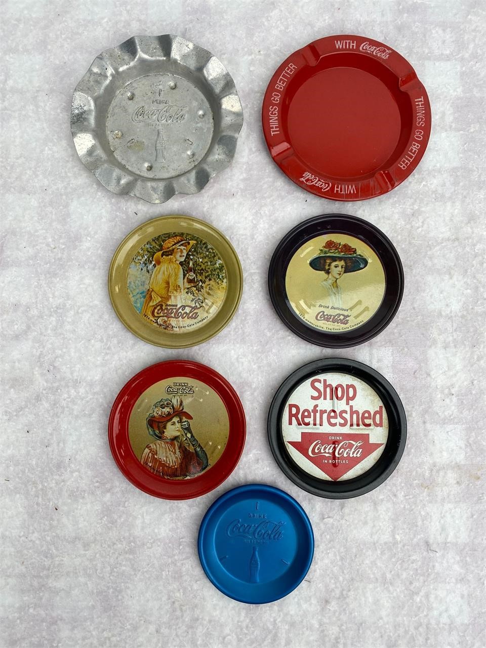 Vtg Lot: Coca-Cola Metal Ashtrays & Drink Coasters