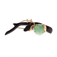 A Lady's Black Coral and Jade Brooch with 14K
