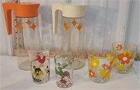 2 retro juice pitchers & glasses