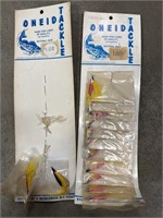 Oneida Tackle Streamer Jigs on cardboard displays