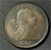 1805 C-1, R-2 DRAPED BUST HALF CENT XF