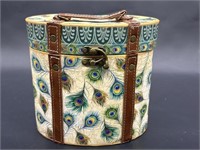 Peacock Feather Box w/ Leather Straps & Hinged Lid