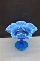 Fenton Blue Opalescent Hobnail Ruffled Compote