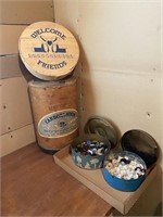 Buttons, cheese box, barrel