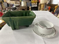 Green planter and tea cup / saucer