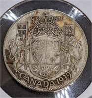 1939 Canadian Silver 50-Cent Half Dollar Coin