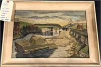 WW2 painting military panzer tank bridge signed