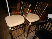 Two Brass Finish Bar Stools W/Upholstered
