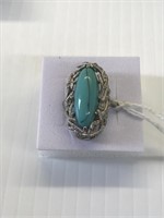 Large Turquoise Stone Ring Size 7 Silver Hallmarks