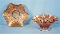 Two Marigold Carnival Glass Ruffled Bowls