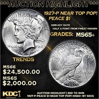 1927-p Peace Dollar Near Top Pop! $1 Graded ms65+