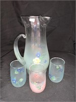 VINTAGE FLORAL 9 “ PITCHER & 3 GLASSES
