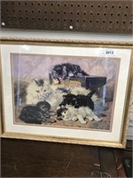 Cat w/ kittens framed picture, 24.5 x 19
