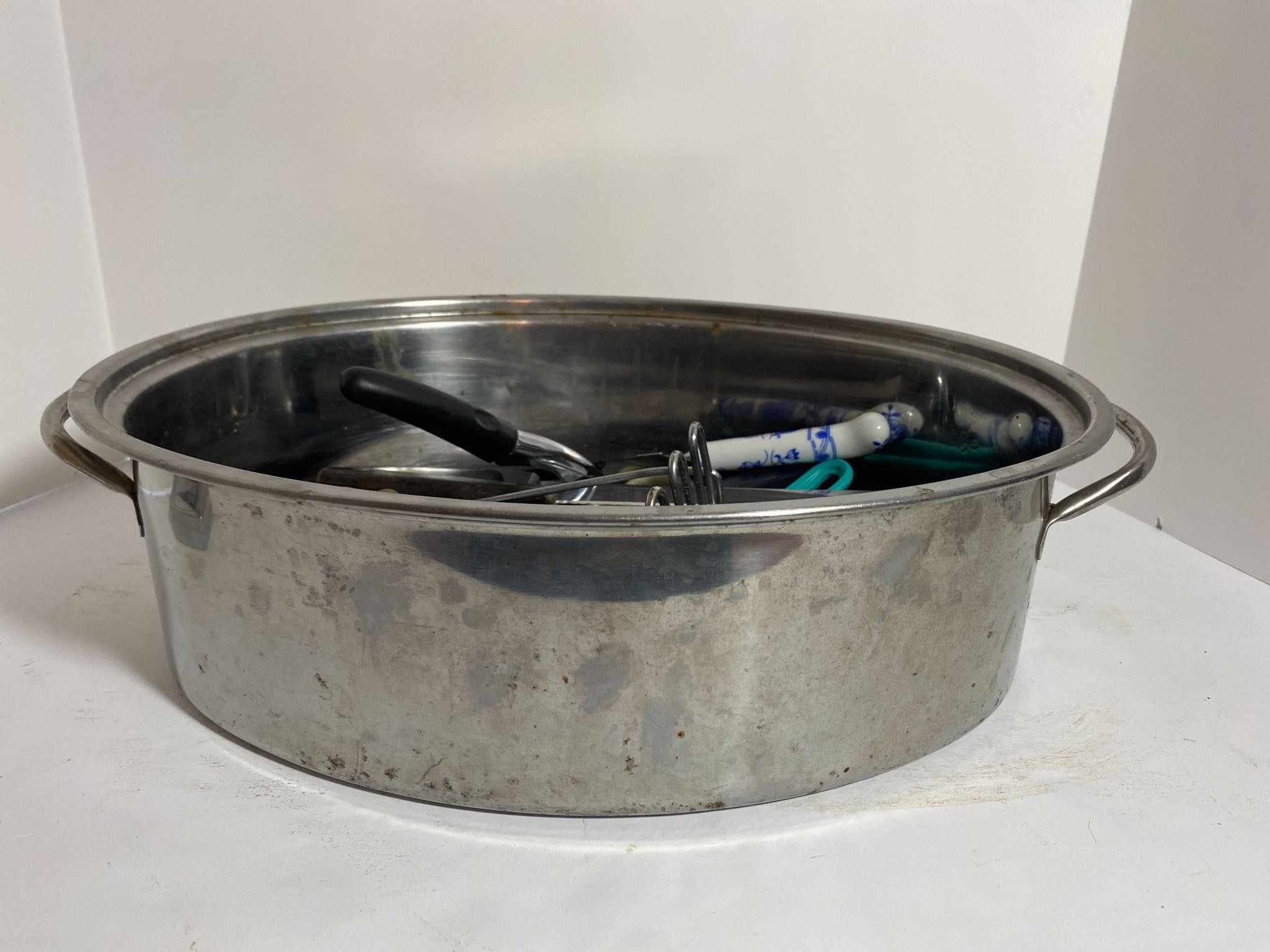 Hodge Podge of Utensils in Stainless Roaster Pan