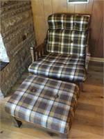 WOODEN CHAIR WITH REMOVABLE CUSHIONS & FOOTSTOOL