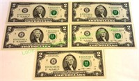 Five (5) 2009 Series Two Dollar Bill Bank Notes