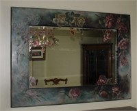 Framed oak tole painted beveled mirror, 51.5 X 37"