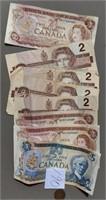 7 Canadian $2 Bills, Us 1895 Indian Penny & 1 $5