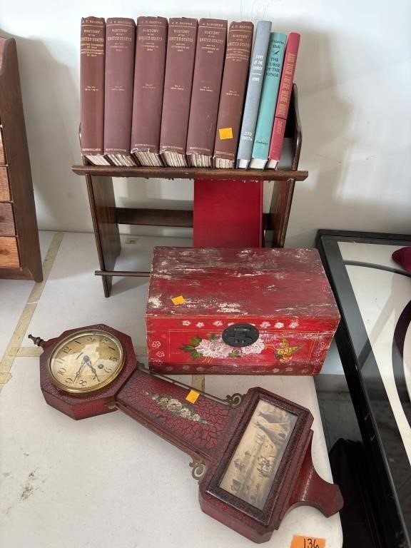 Vintage History Books w/ Stand, Banjo Clock,