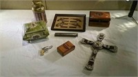 Harmonica, wall hanging, tins and miscellaneous