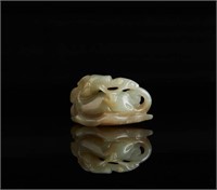 CHINESE CELADON JADE CARVED BEAST WITH LINGZHI