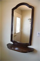 Wooden Dark Stain Pine Mirror and Wall Shelf