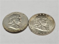 2- 1953 D Ben Franklin Half Dollar Silver coins