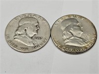 2- 1953 S Ben Franklin Half Dollar Silver Coins