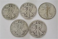 Five Walking Liberty Silver Half Dollars