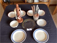 Miscellaneous plates, bowls, knives, & measuring