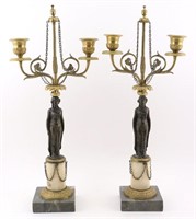 Pr French Bronze & Marble Figural Candelabras