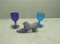 Fenton shoe and purple and blue stemware