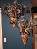 Pair metal wall vases dried plants