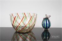 Striped Glass Bowl and Clown Figurine