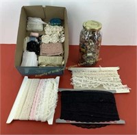 Sewing Lot Many types of Vintage Lace & Large Jar