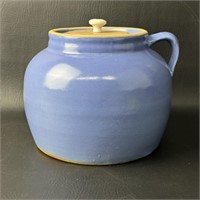 Vintage Blue Stoneware Bean Pot w/ Wood