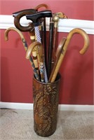 Hand Carved & Other Canes In Stand